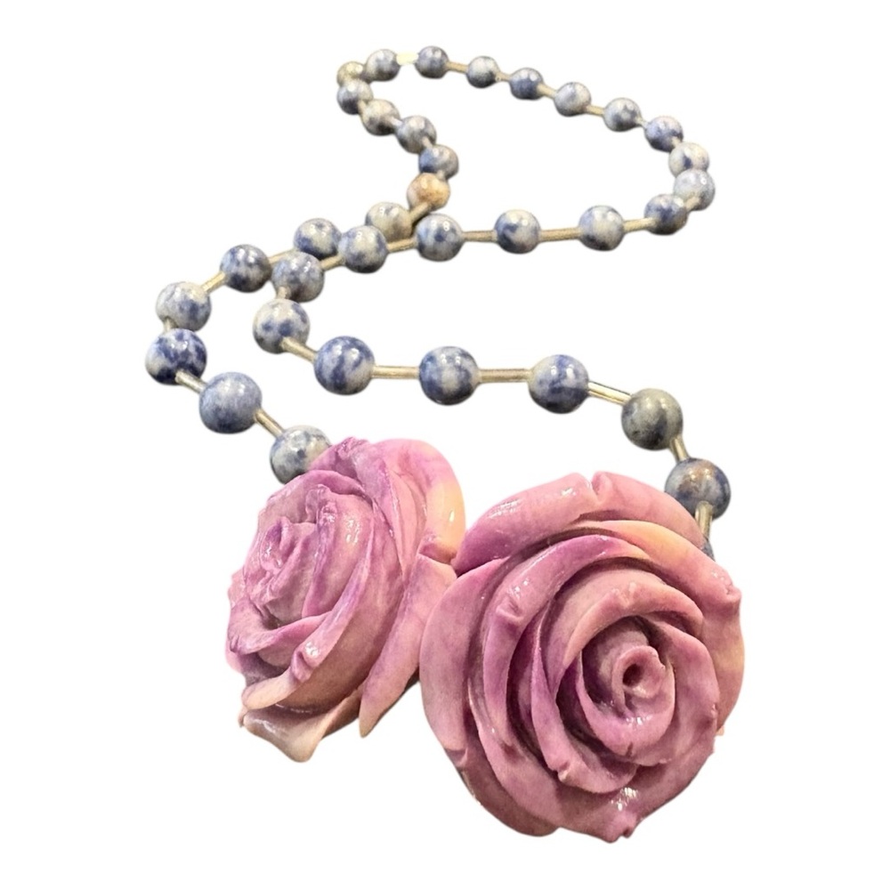 Carved Shell Rose Pendant Necklace Blue Beaded Statement J24
